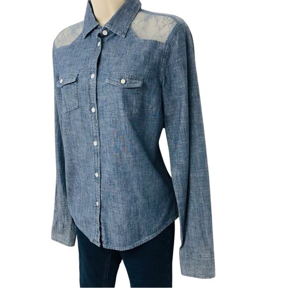 American Eagle Outfitters Denim Blouse Western Cowgirl Long Sleeve Button Front - Picture 8 of 16